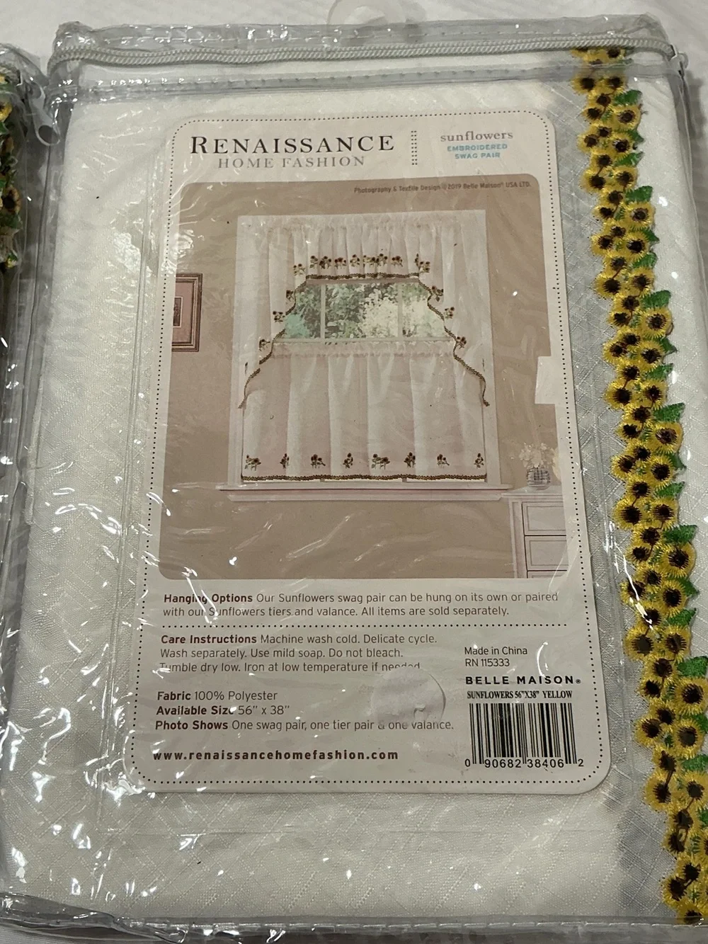 Renaissance Home Fashion White Sunflower Trim Kitchen Curtain Pair